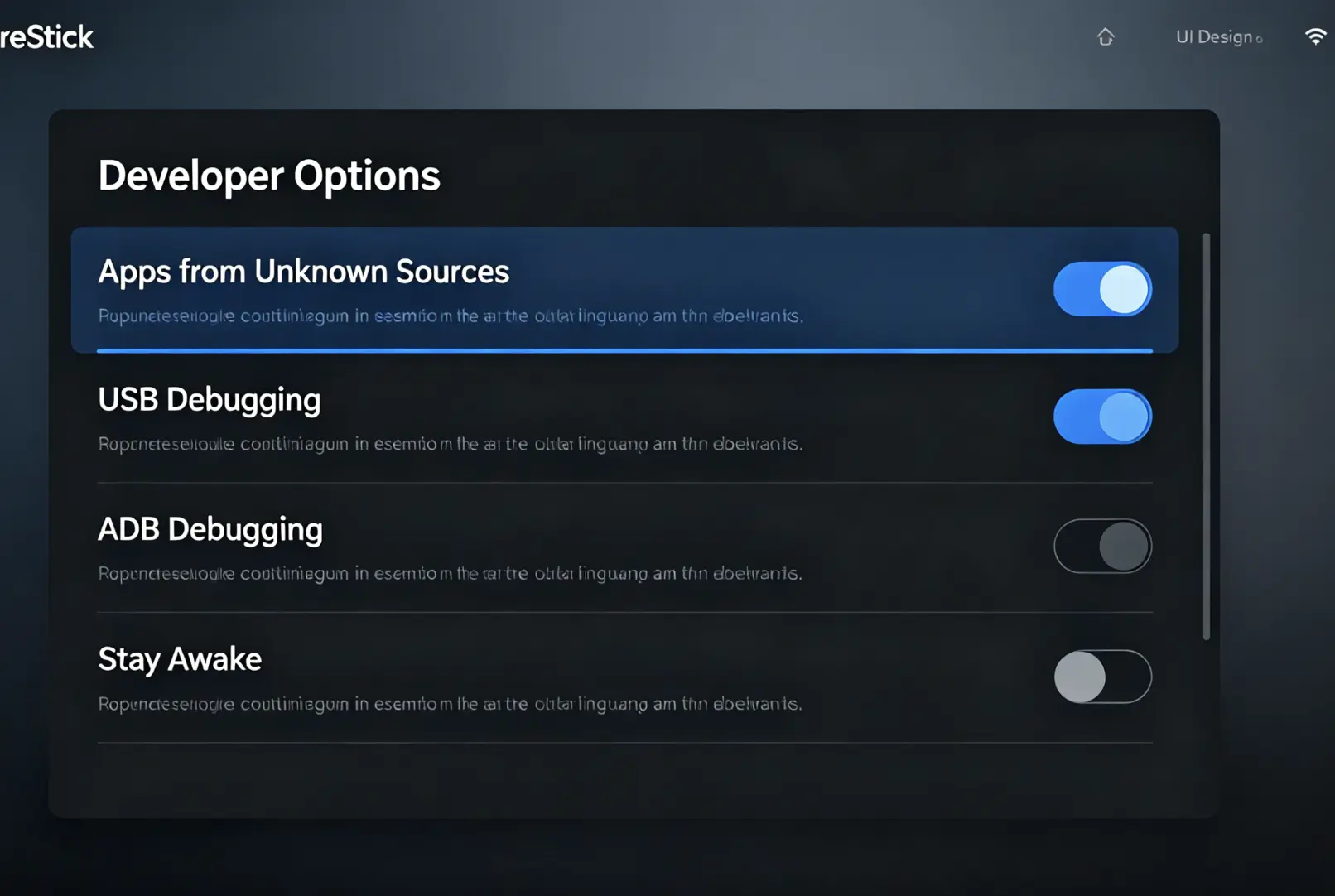 Enabling Apps from Unknown Sources on Amazon Firestick developer options menu